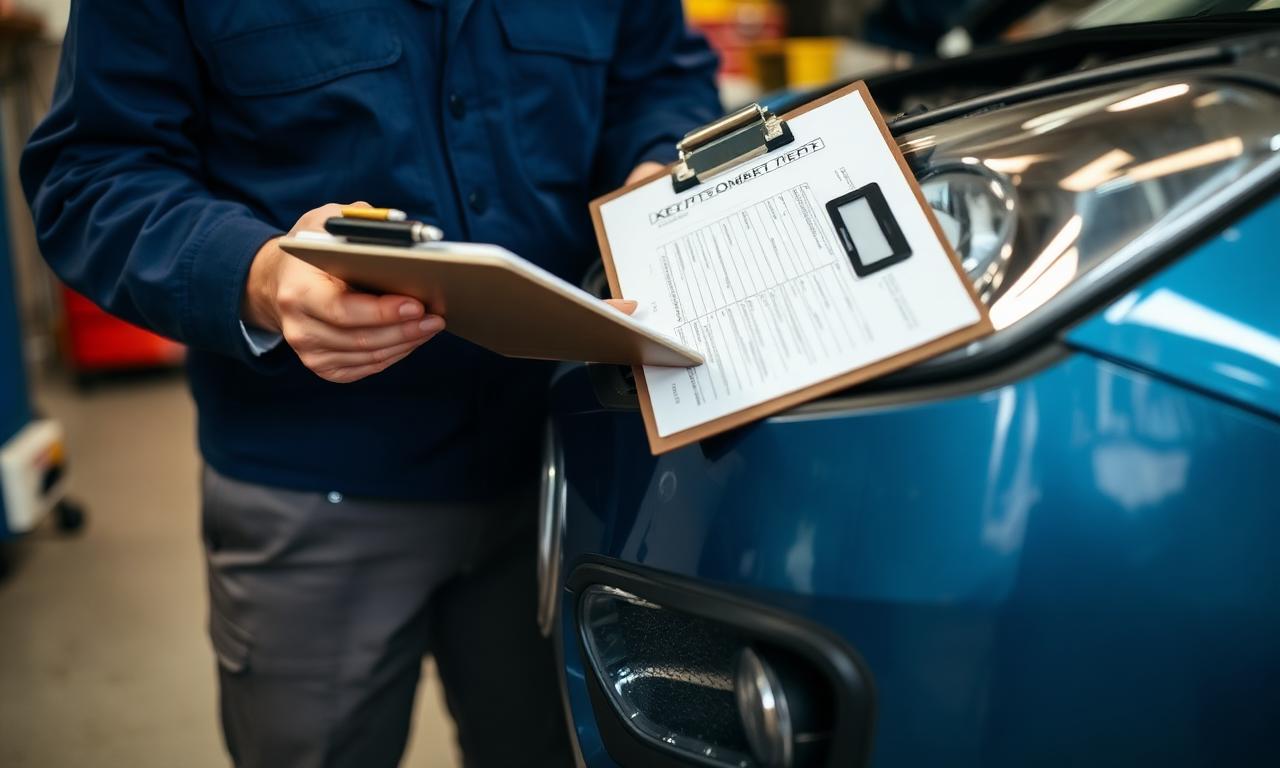 Sachverständiger dokumentiert KFZ-Schaden mit Klemmbrett