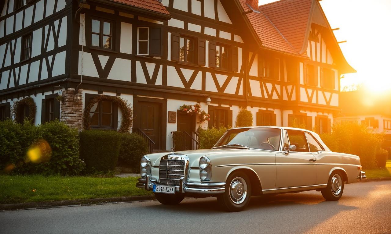 Mercedes Oldtimer vor Schwarzwälder Fachwerkhaus im Abendlicht