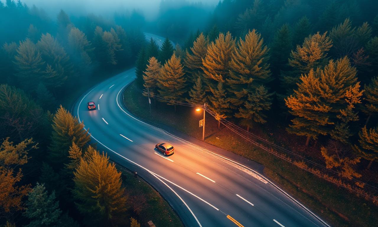 Nebelige Schwarzwaldstraße in der Dämmerung