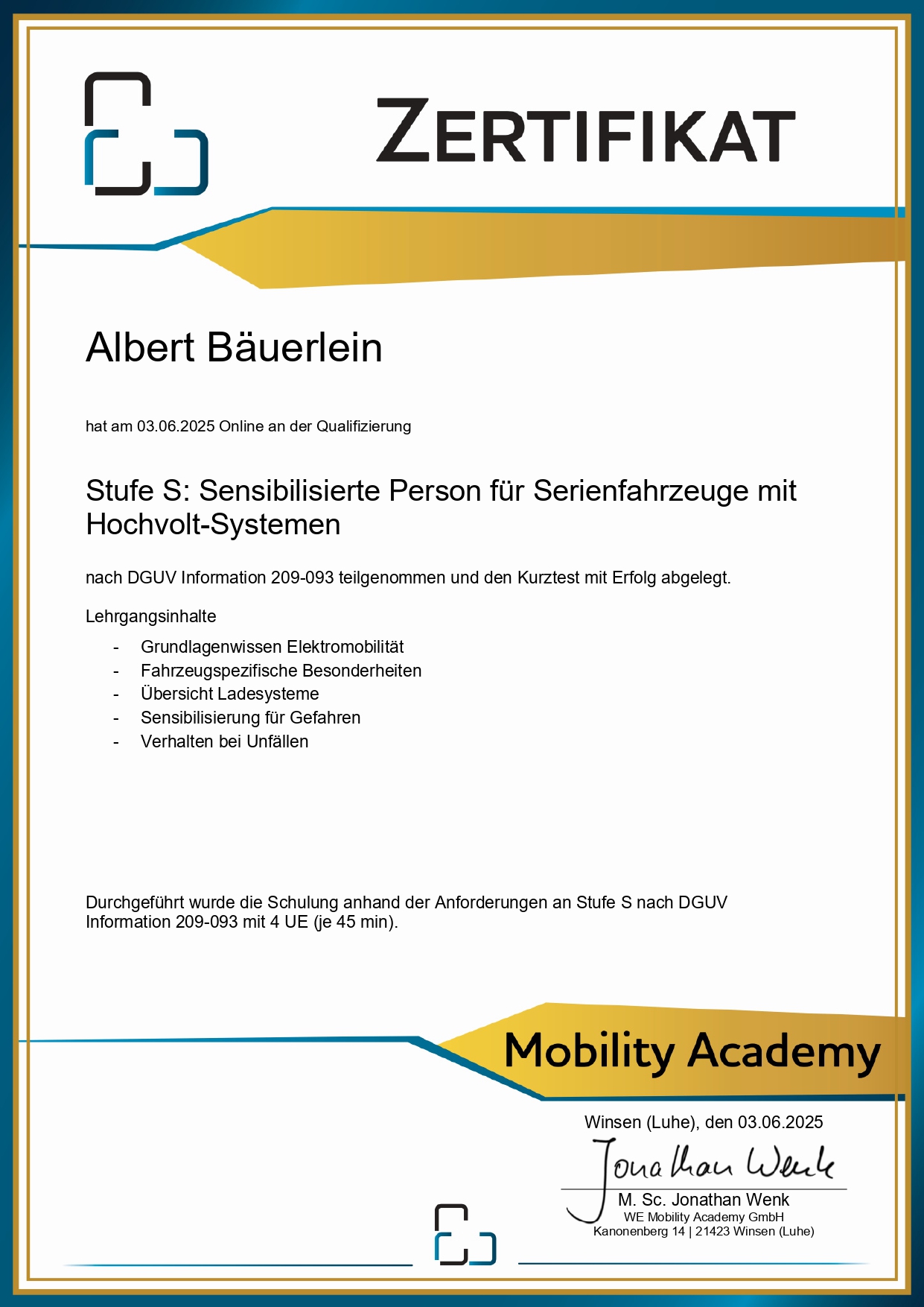 Zertifikat Hochvolt-Sensibilisierung Stufe S – Albert Bäuerlein